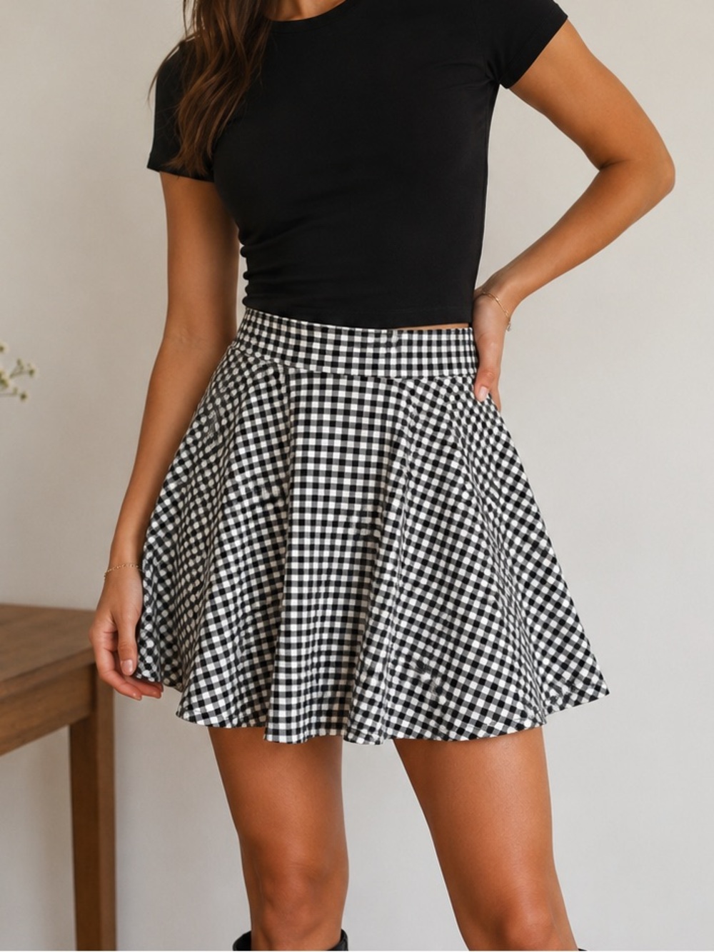 Forever 21 Small Black White Gingham Skater Skirt Elastic Waist Flare Mini S